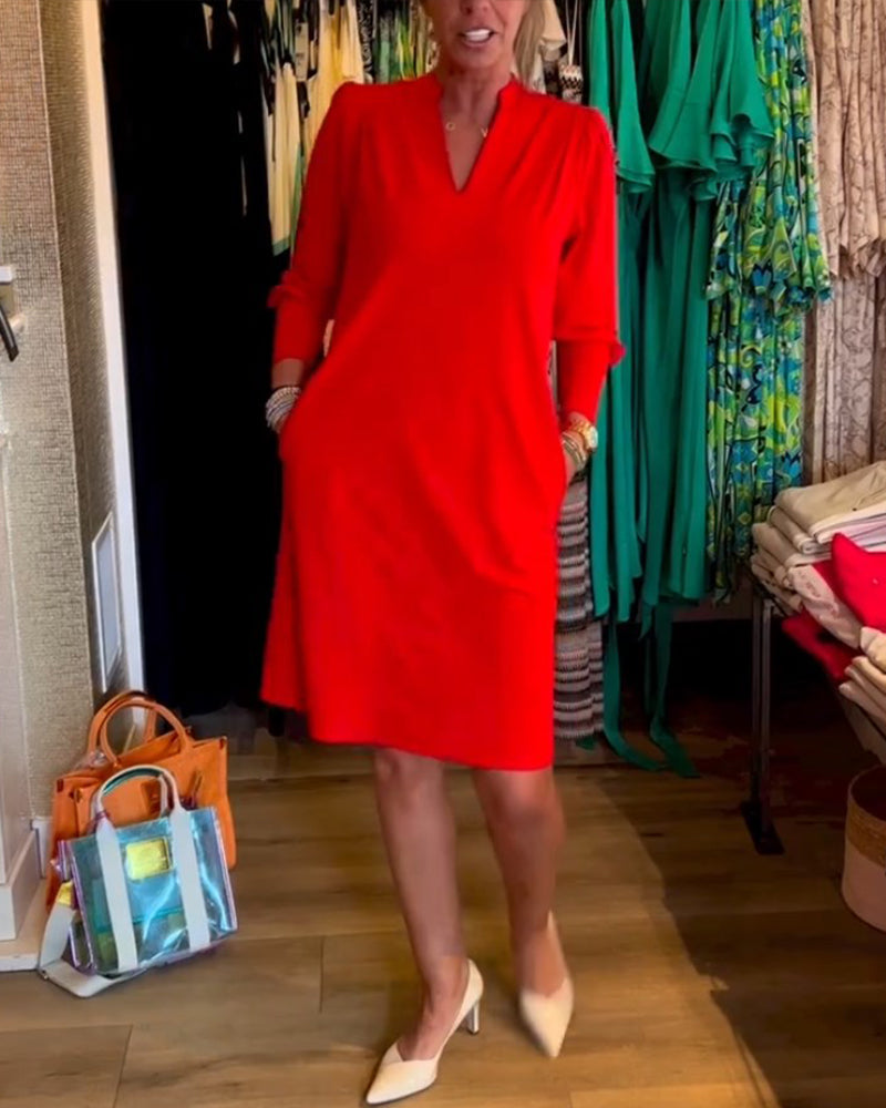 Effen kleur V-hals lange mouw jurk