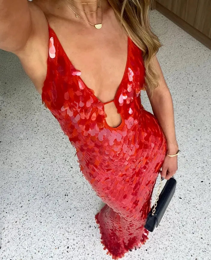 Glitter Sequins Rugloze Strap Jurk