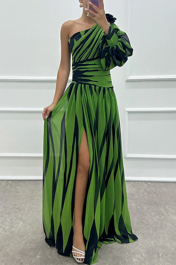 Elegante Gestreepte One Shoulder Maxi Jurk