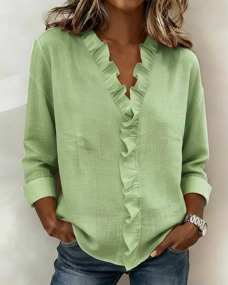 Ruffle V-hals blouse met lange mouwen
