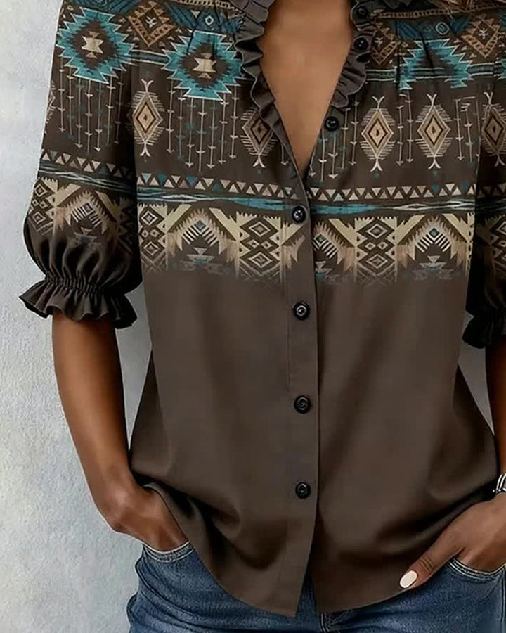 Bedrukte blouse met korte mouwen en ruches in Western Style