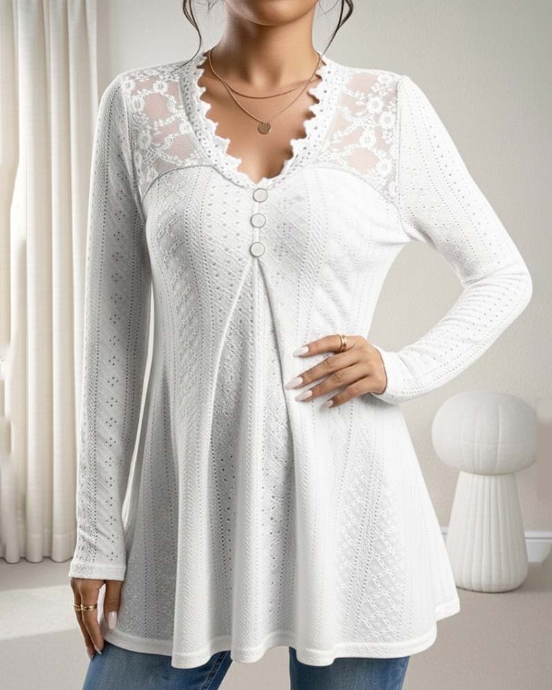 V-hals blouse met kanten panelen en knoopsluiting