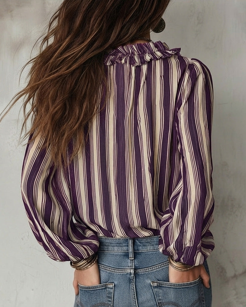 Diepe V Verticaal Gestreepte Losse Blouse