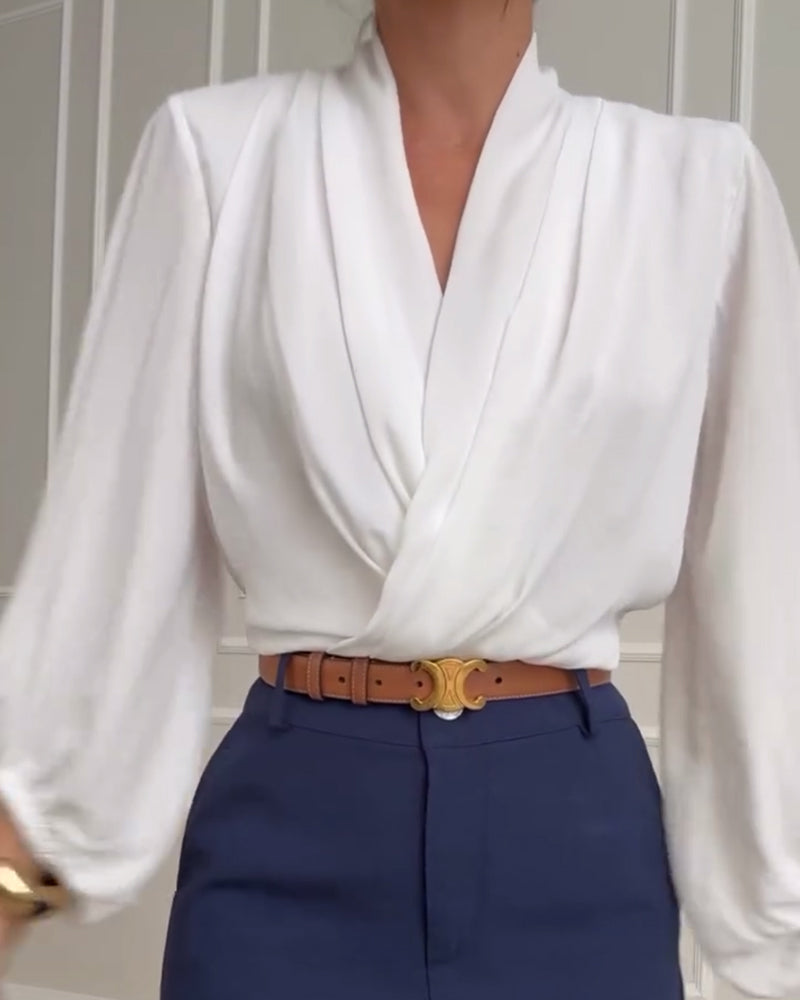 Modieuze effen V-hals blouse met lampionmouwen