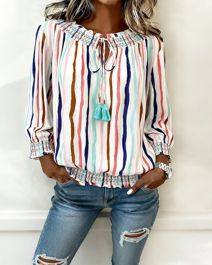 Color Block Stripe Blouse met trekkoord