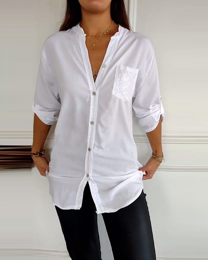 Casual top met sequin-panelen en knoopjes