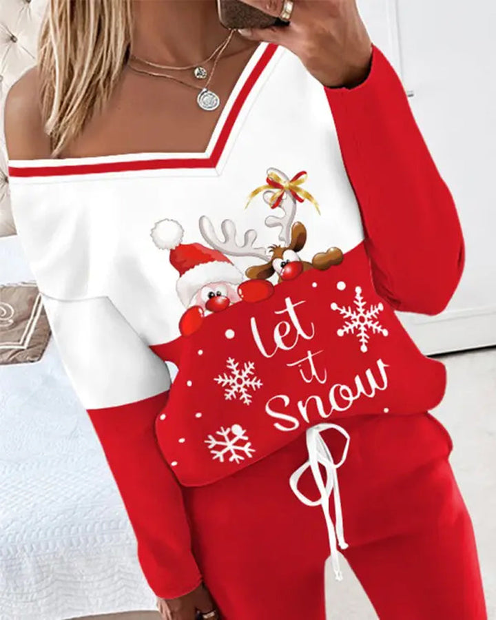 Casual V-hals set met kerstprint