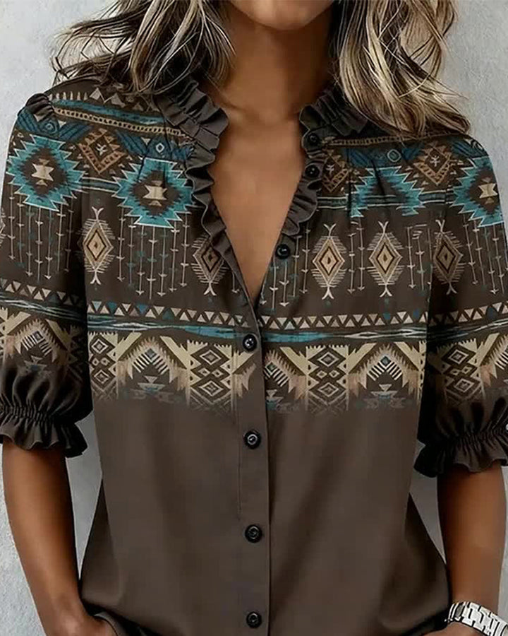 Bedrukte blouse met korte mouwen en ruches in Western Style