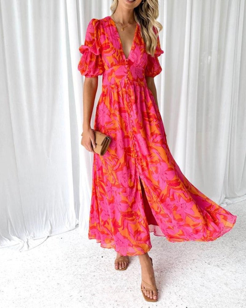 Elegante Maxi-jurk met V-hals en Puffmouwen