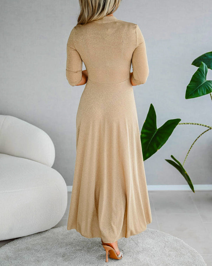Elegante effen V-hals jurk met driekwart mouwen