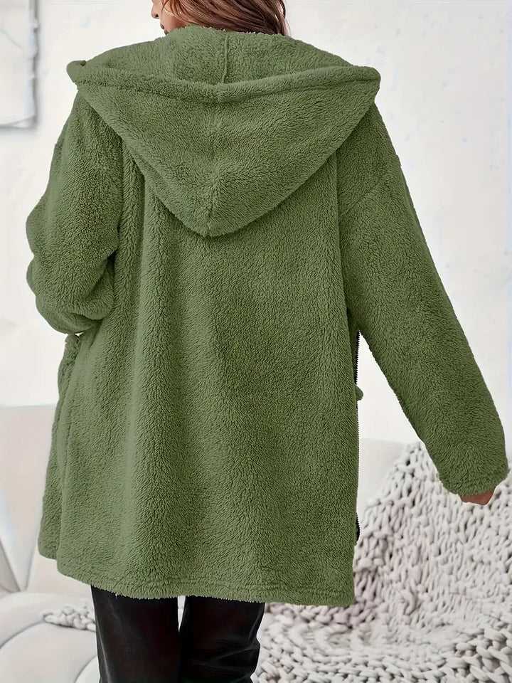 Elegante Plush Hooded Coat met rits en opgestikte zakken voor dames