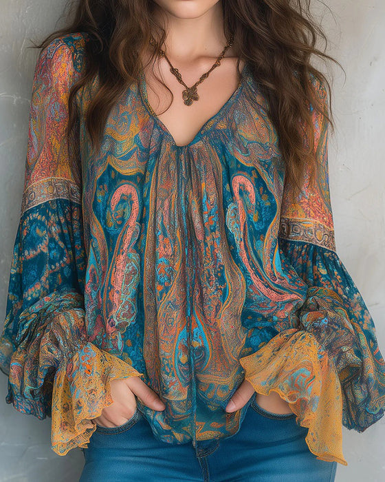 Boheemse Stijl Blouse met V-hals en Wijdere Mouwen