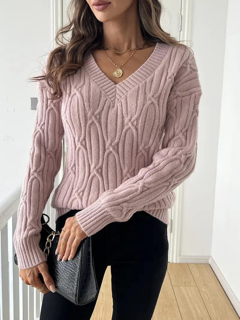 Effen V-hals Cable Knit Trui voor dames
