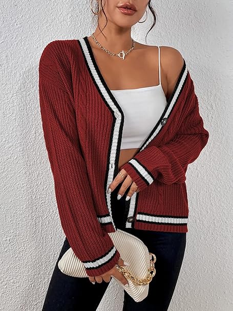Casual loose fitting gebreid vest met V-hals