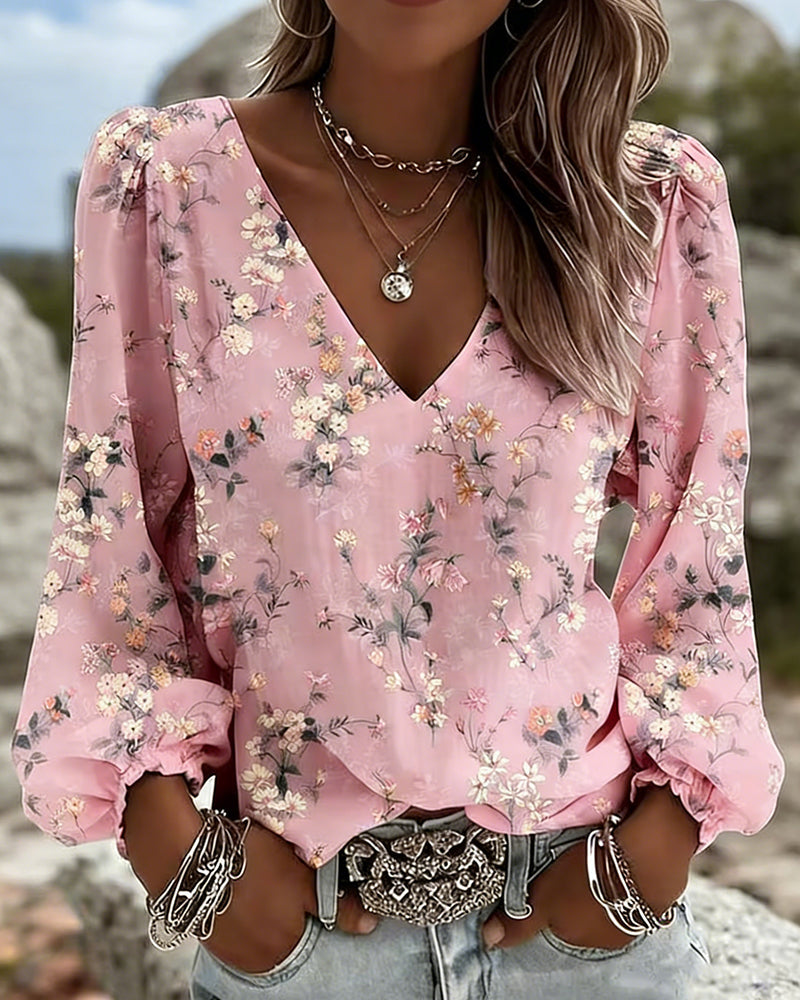 Bloemenblouse met V-hals en pofmouwen