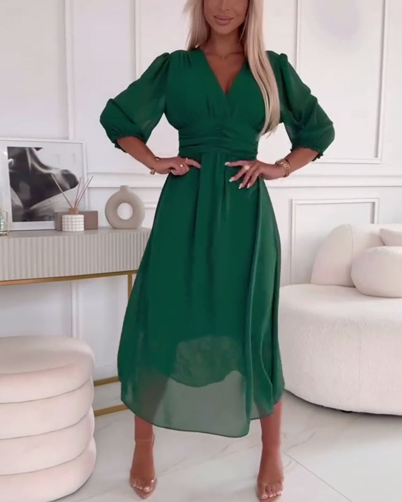 V-hals Jurk in Effen Kleur met Taille