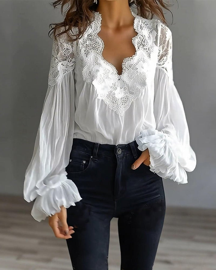 V-hals Blouse met Kant Patchwork