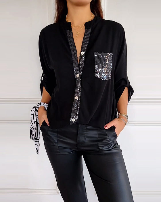 Casual top met sequin-panelen en knoopjes