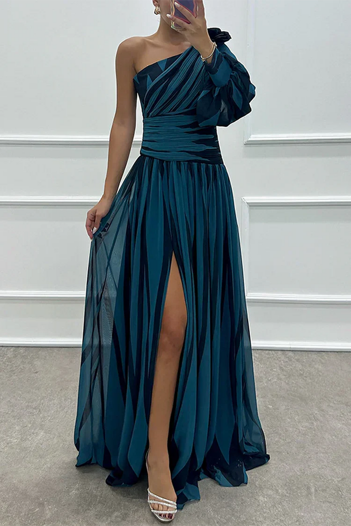 Elegante Gestreepte One Shoulder Maxi Jurk