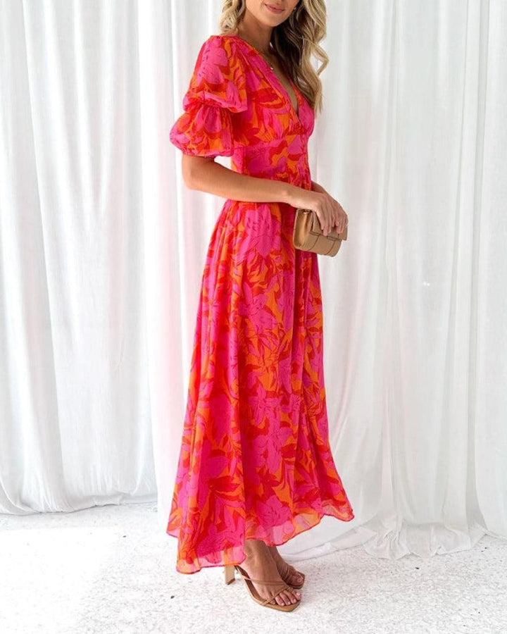 Elegante Maxi-jurk met V-hals en Puffmouwen