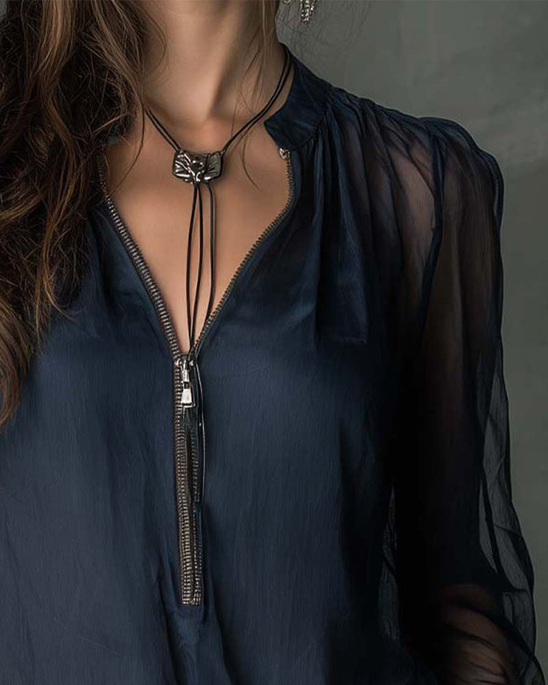 Halfrits Mesh Blouse met Lange Mouwen