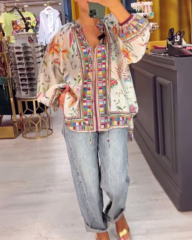 Sexy V-hals Blouse met Fashion Print