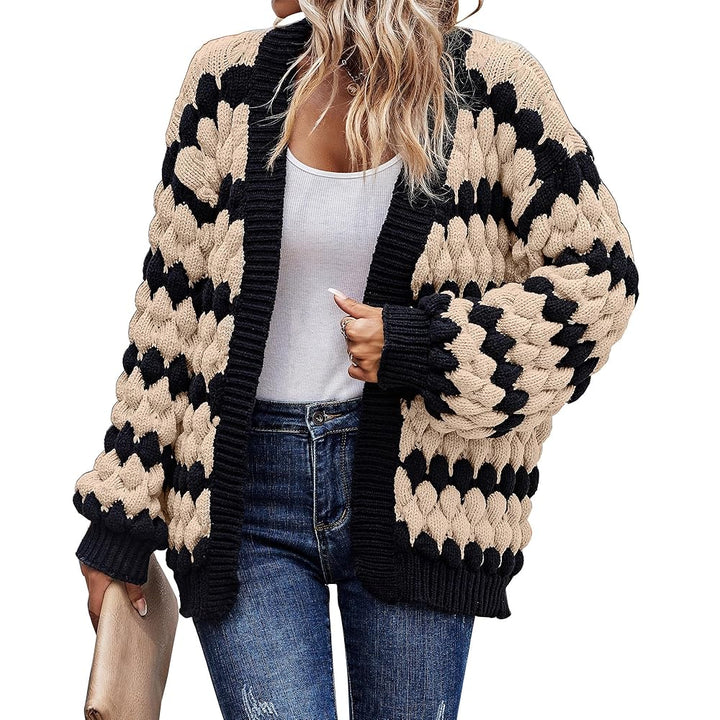 Dames Cardigan met lampionmouwen, open voorkant en gestreepte kleuren