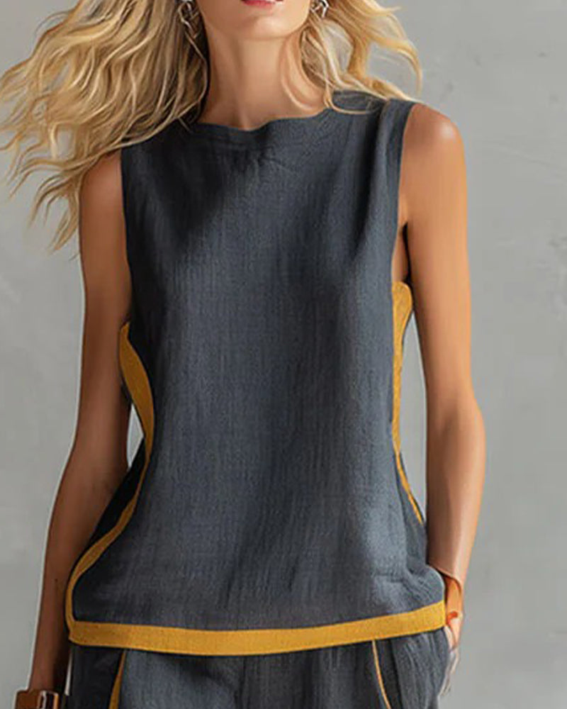 Mouwloze casual kleurblok tweedelige set