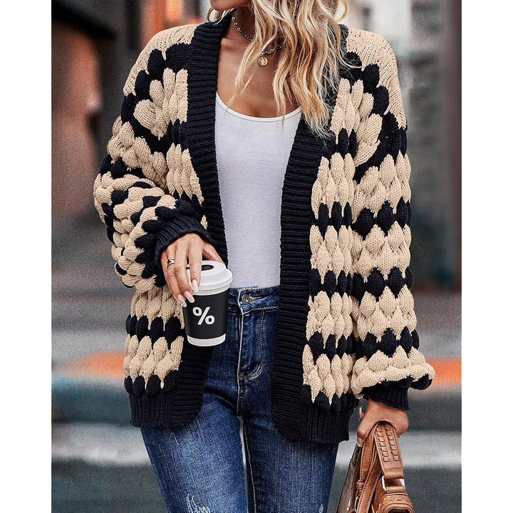 Dames Cardigan met lampionmouwen, open voorkant en gestreepte kleuren