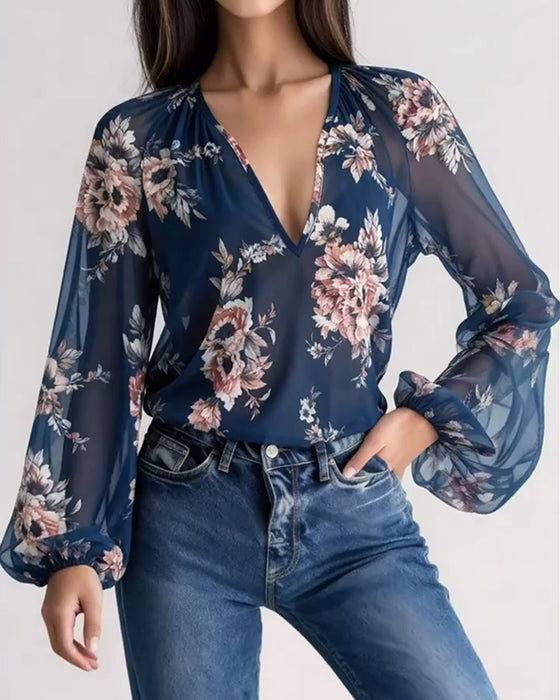 Modieuze Printed V-hals Blouse met Lange Mouwen