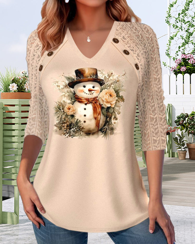 Casual V-hals top met sneeuwmanprint