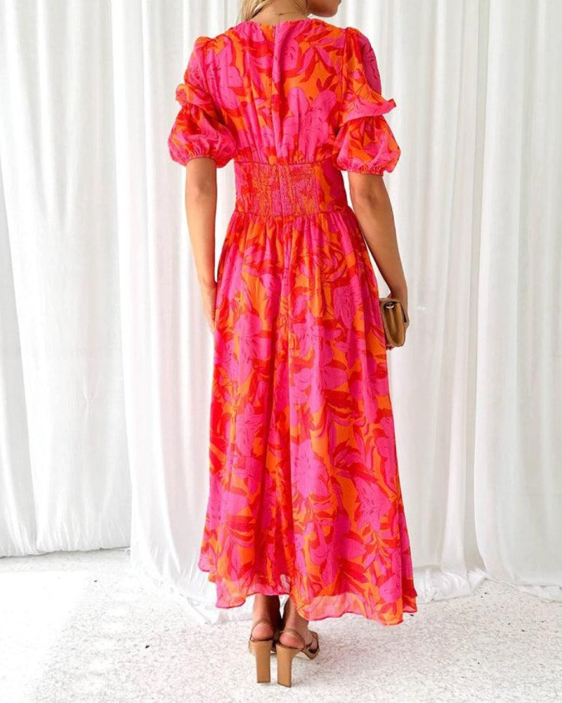 Elegante Maxi-jurk met V-hals en Puffmouwen