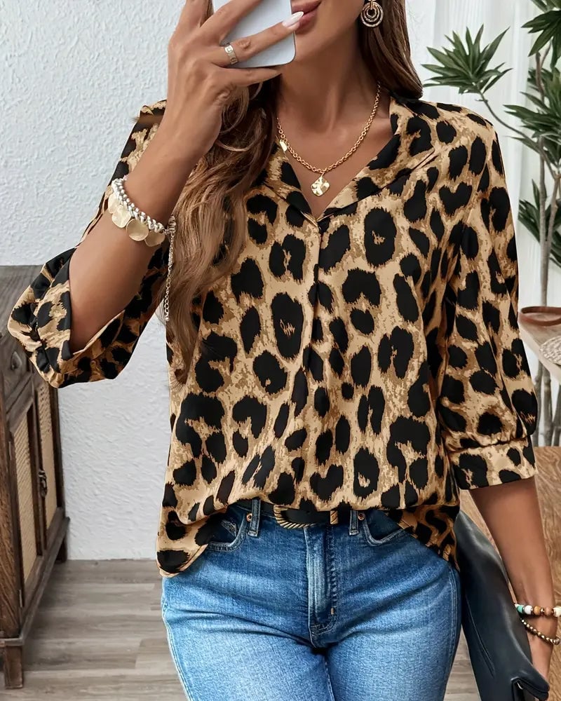 Losse Blouse met Luipaardprint en Halve Mouwen