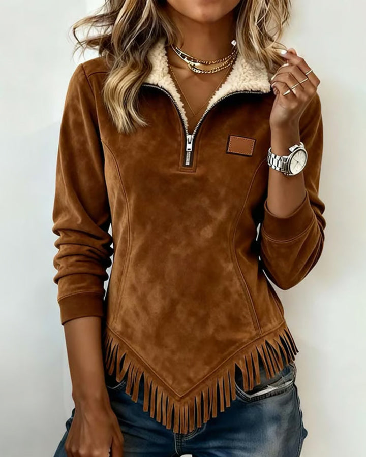 Half-Zip Asymmetrische Fringe Sweatshirt