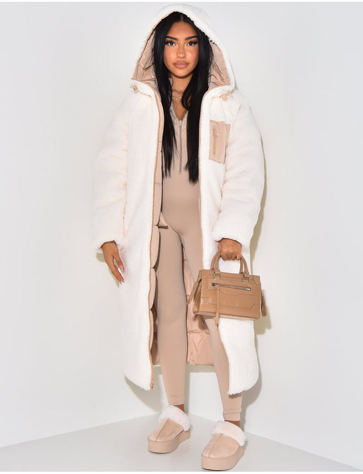 Long Puffer Coat met Fleece Voering en Capuchon