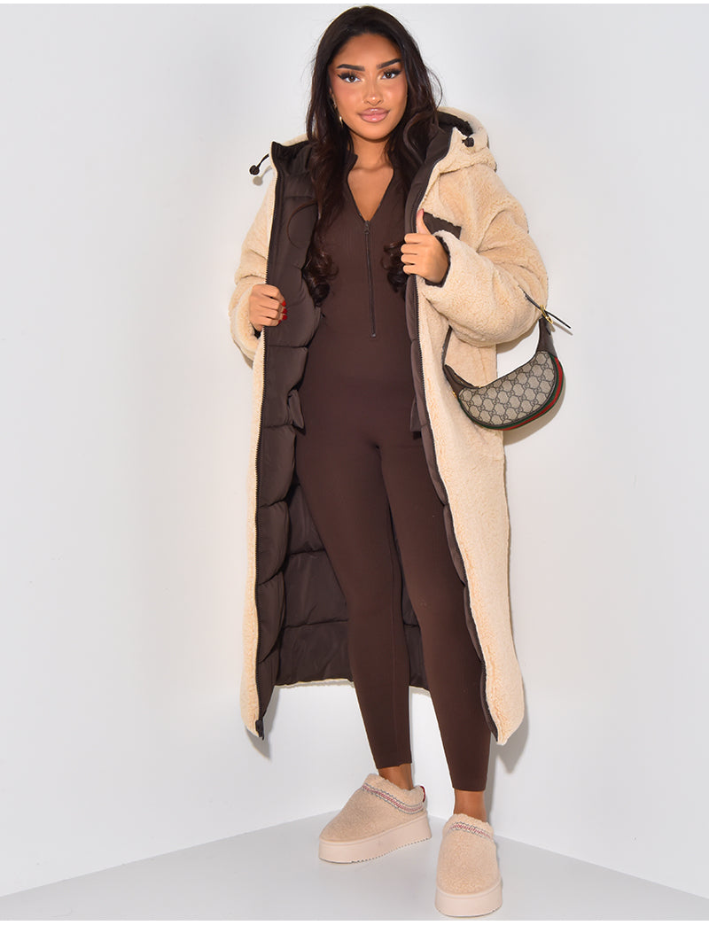 Long Puffer Coat met Fleece Voering en Capuchon