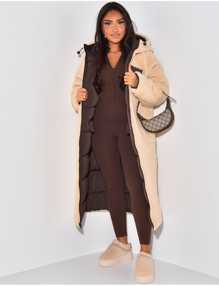 Long Puffer Coat met Fleece Voering en Capuchon