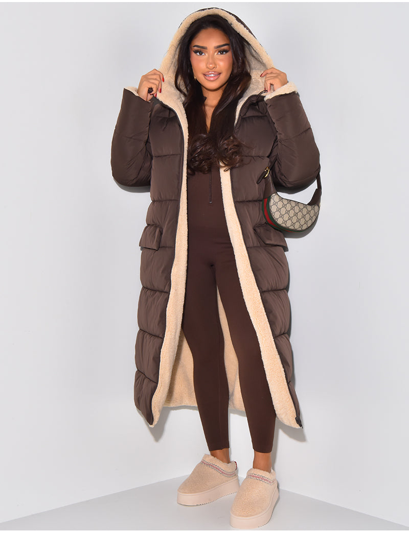 Long Puffer Coat met Fleece Voering en Capuchon
