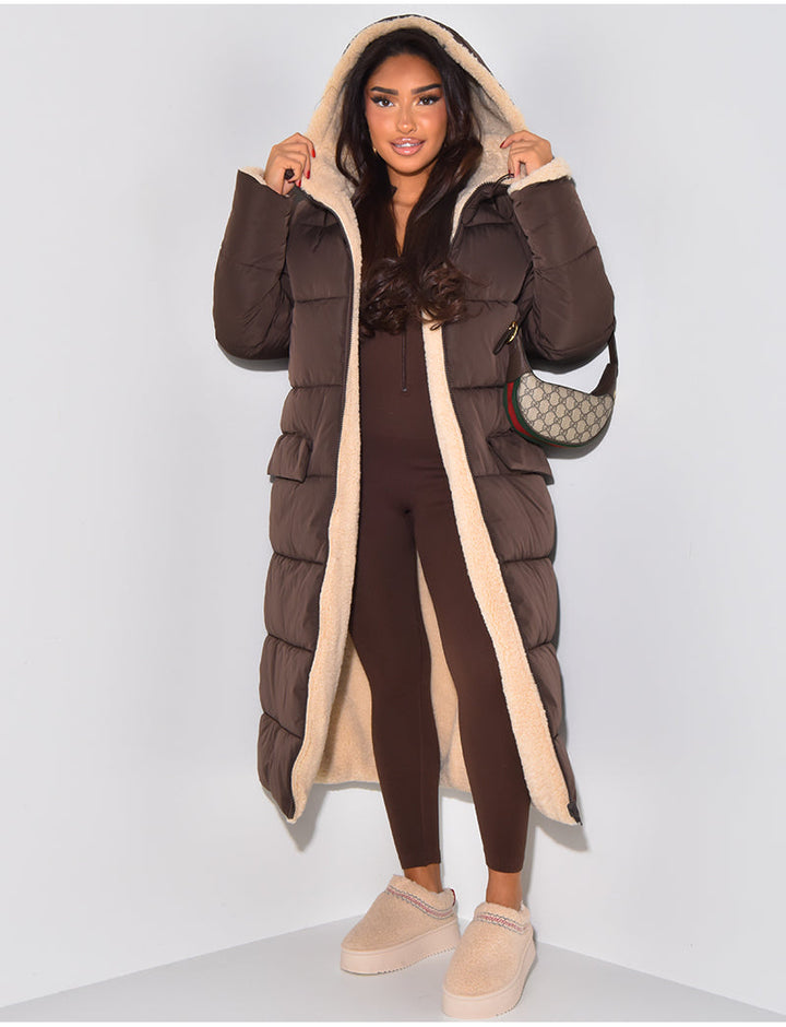Long Puffer Coat met Fleece Voering en Capuchon