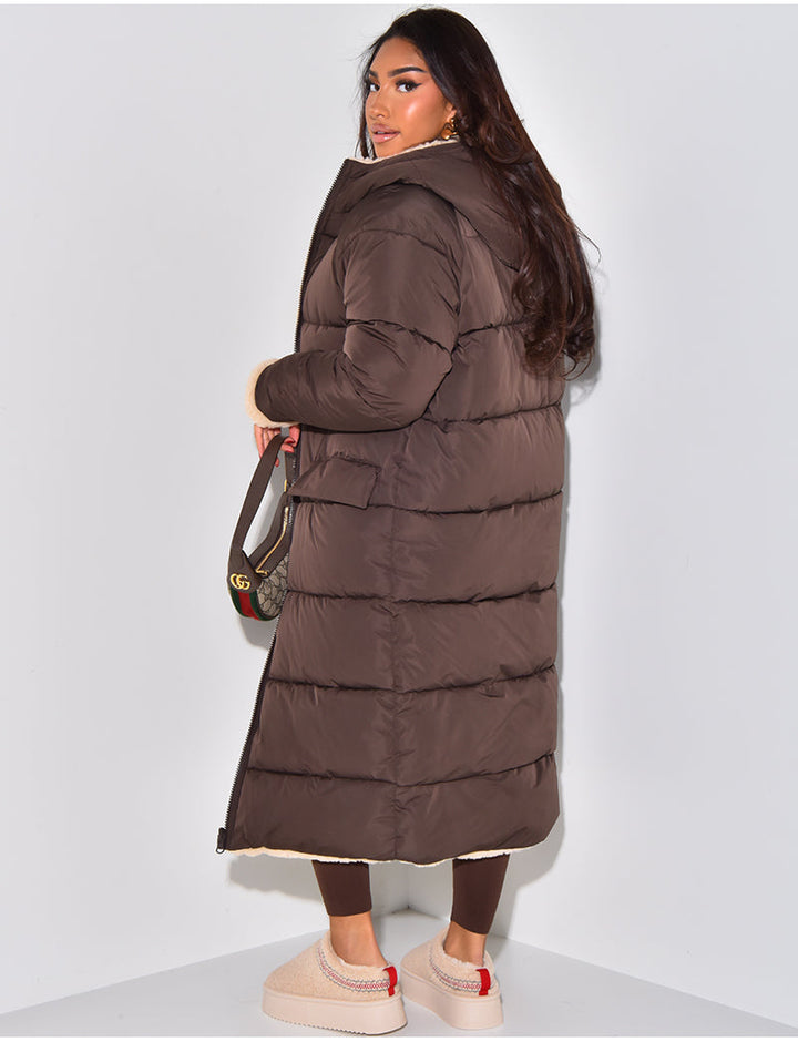 Long Puffer Coat met Fleece Voering en Capuchon