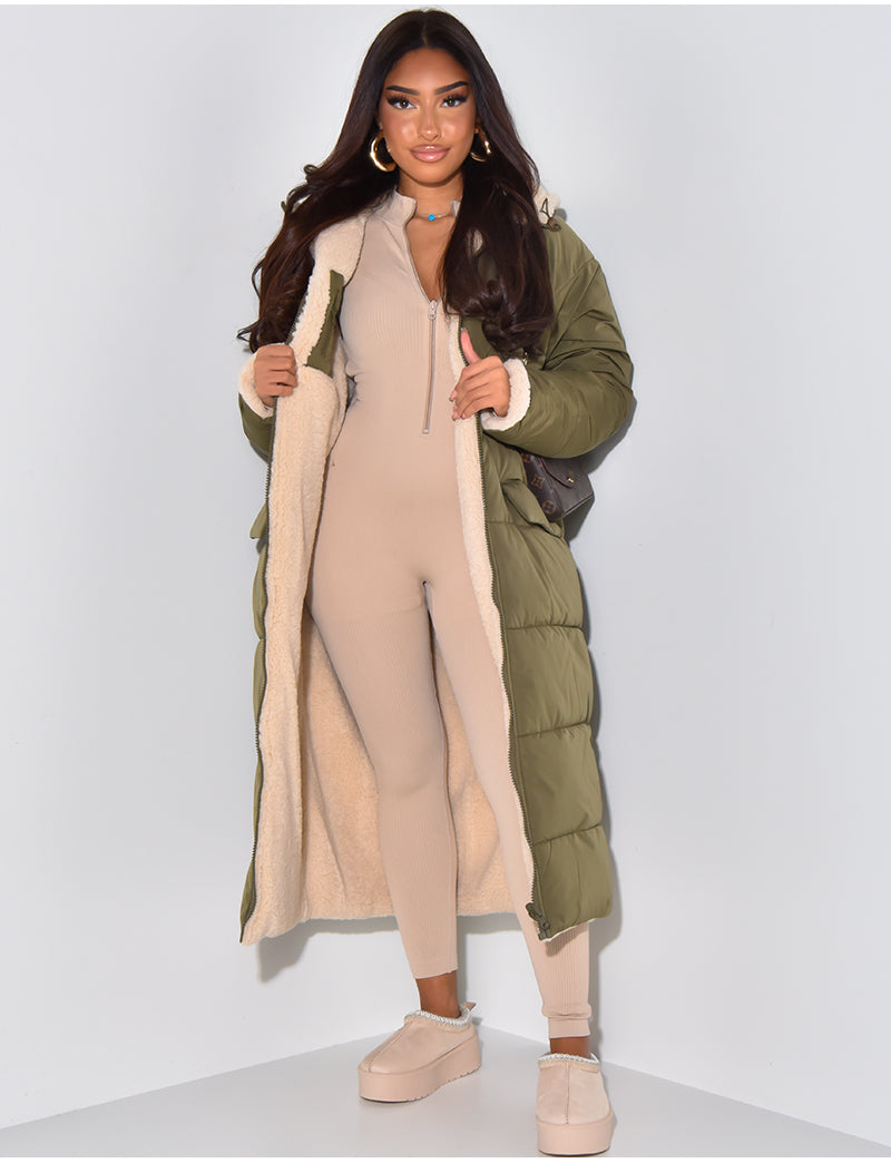 Long Puffer Coat met Fleece Voering en Capuchon
