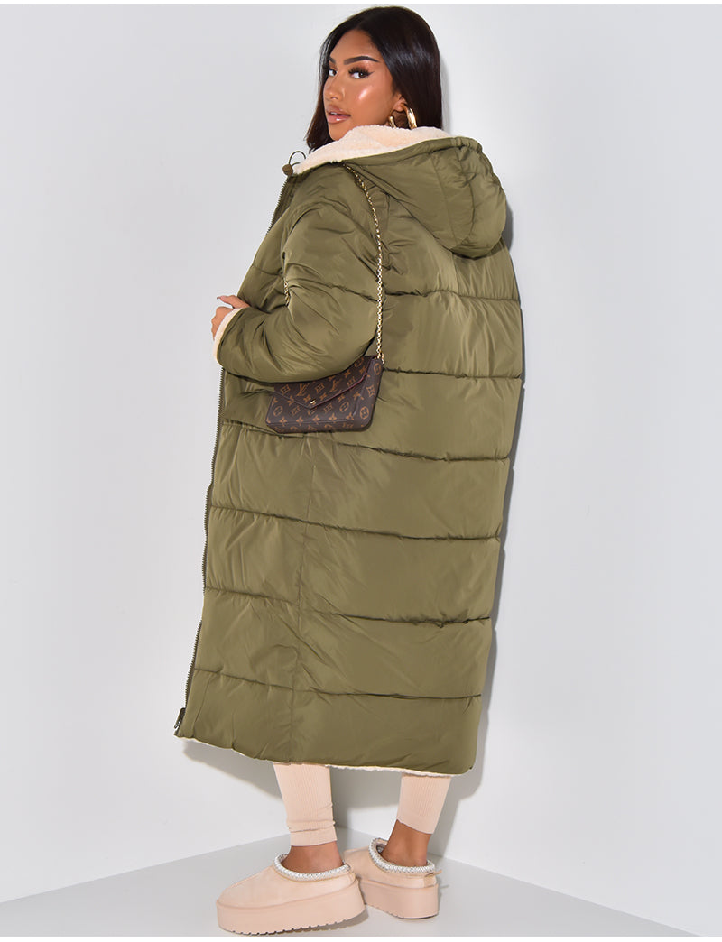 Long Puffer Coat met Fleece Voering en Capuchon