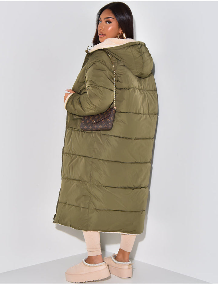 Long Puffer Coat met Fleece Voering en Capuchon