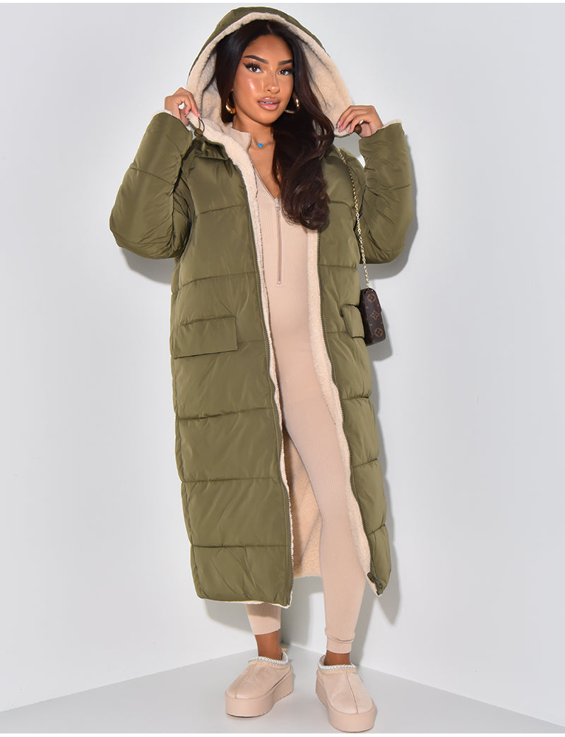 Long Puffer Coat met Fleece Voering en Capuchon