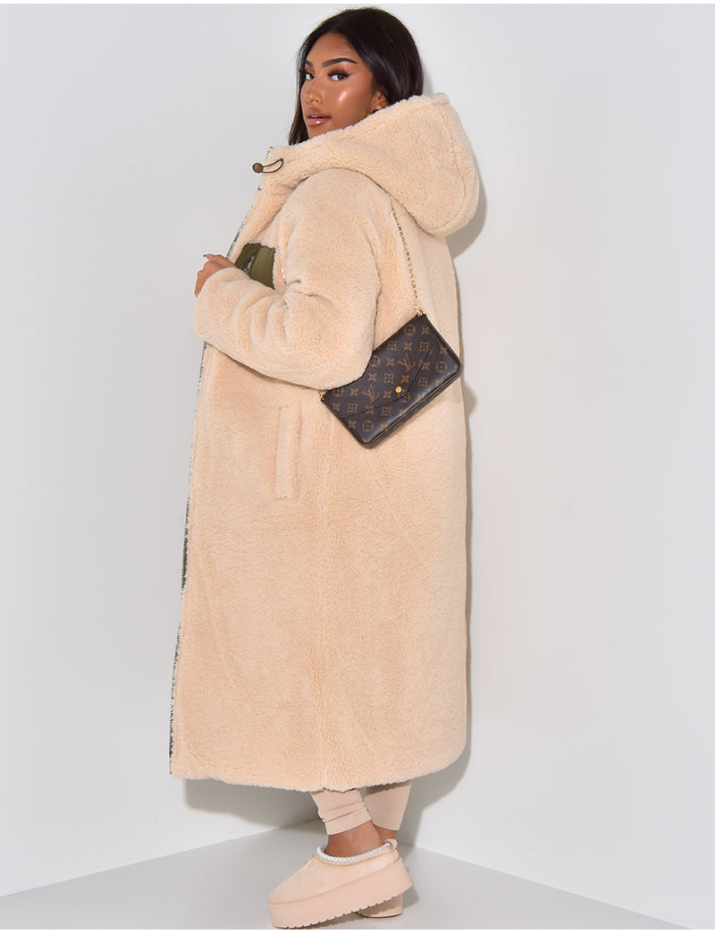 Long Puffer Coat met Fleece Voering en Capuchon