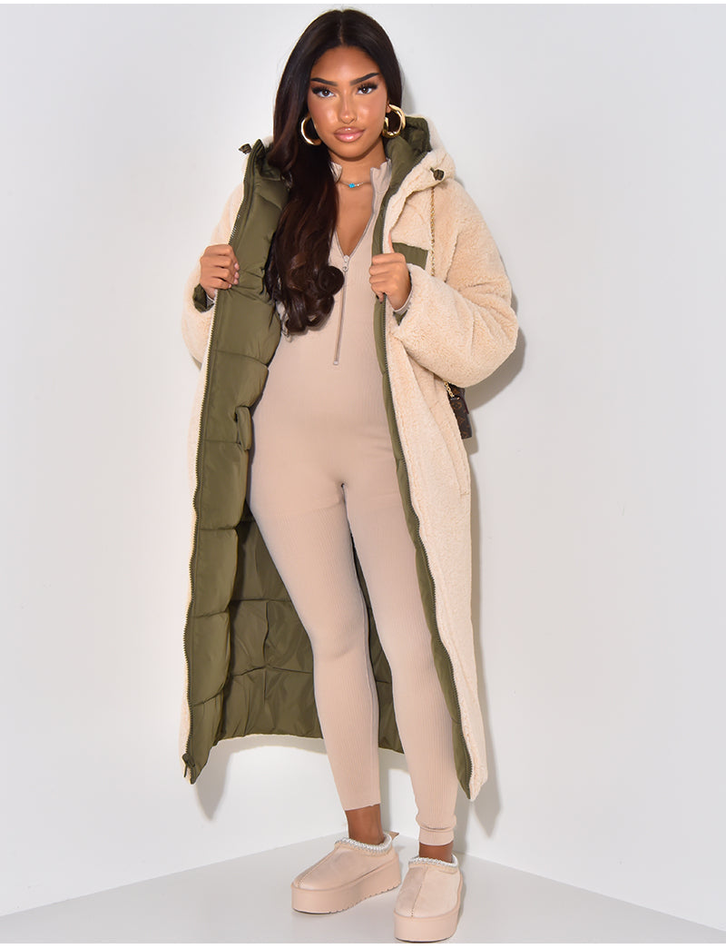 Long Puffer Coat met Fleece Voering en Capuchon