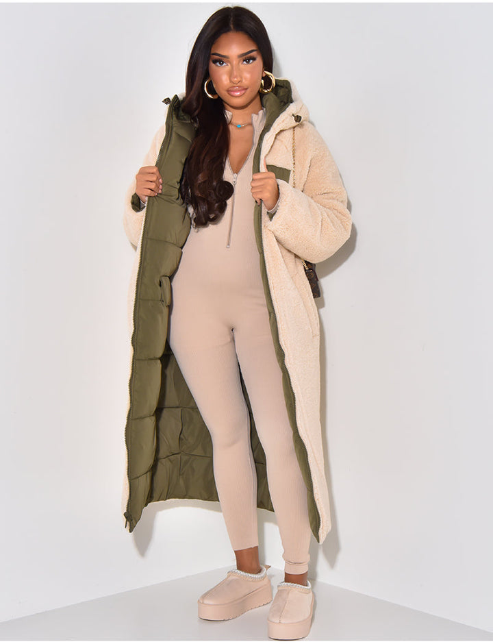 Long Puffer Coat met Fleece Voering en Capuchon