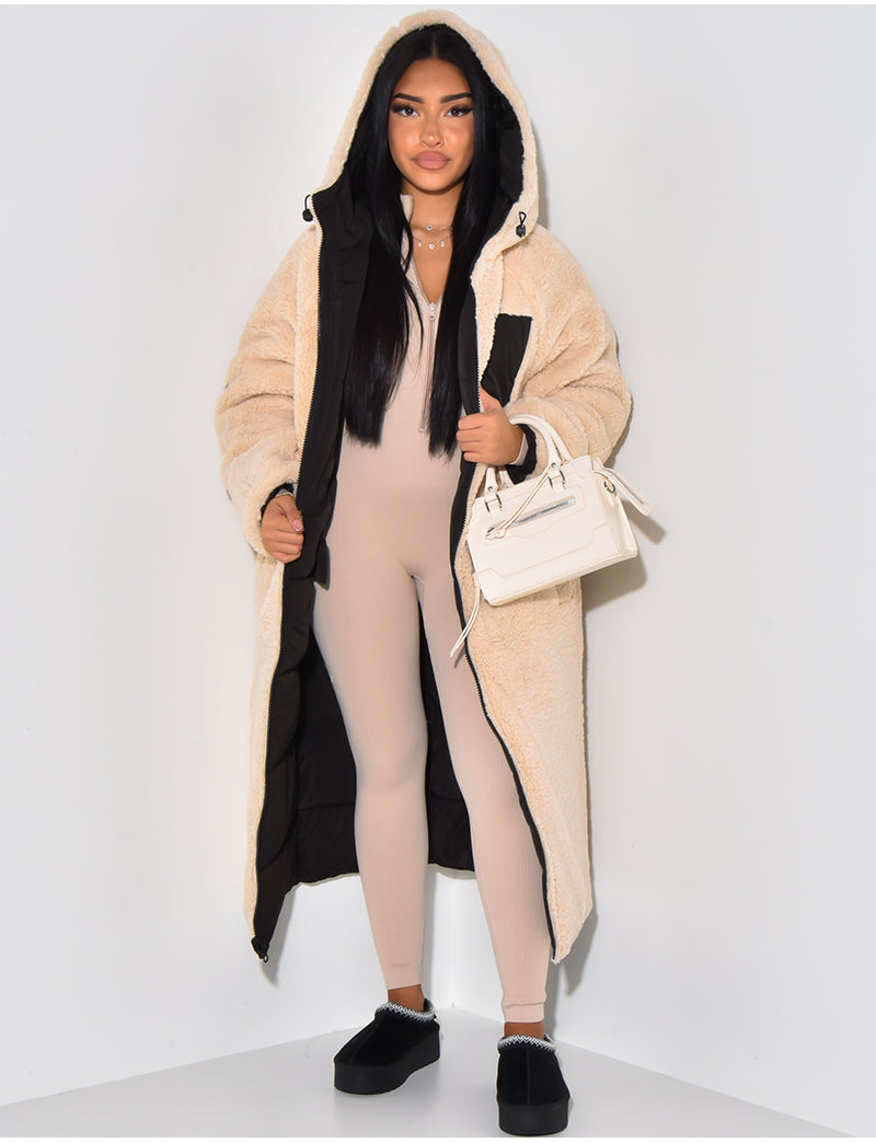 Long Puffer Coat met Fleece Voering en Capuchon