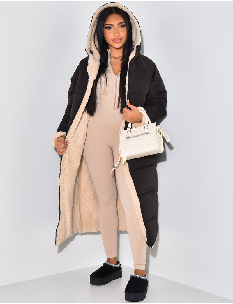 Long Puffer Coat met Fleece Voering en Capuchon