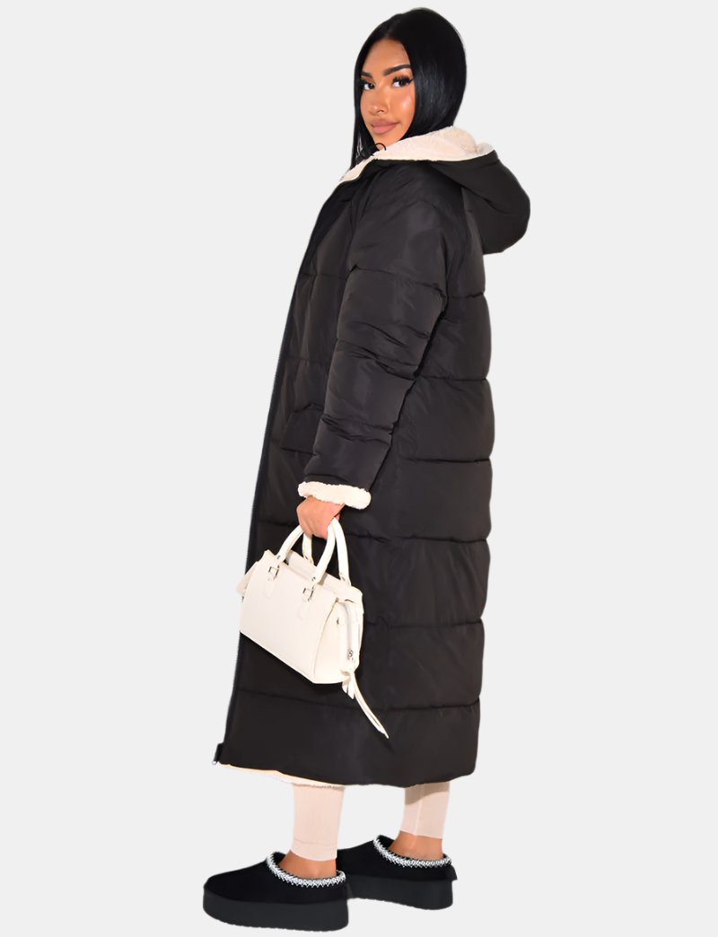 Long Puffer Coat met Fleece Voering en Capuchon